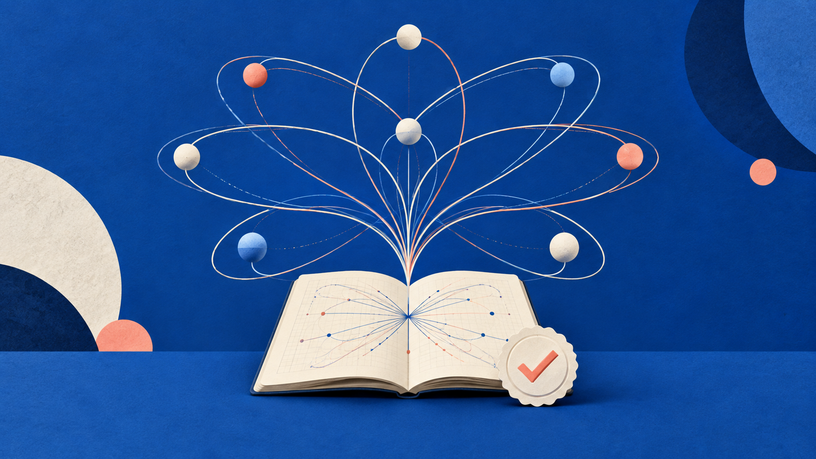 Ilustração editorial de nove trajetórias abstratas convergindo para um caderno científico com selo de verificação.