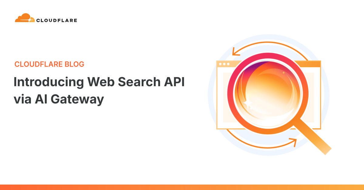 Arte oficial da Cloudflare para a Web Search API, com uma lupa sobre uma janela de navegador.