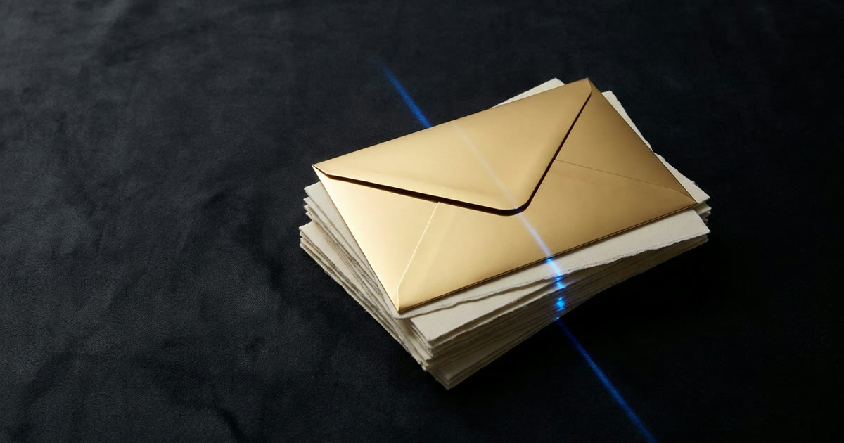 Envelope dourado sobre uma pilha de papéis, representando o valor dos dados próprios de uma empresa.