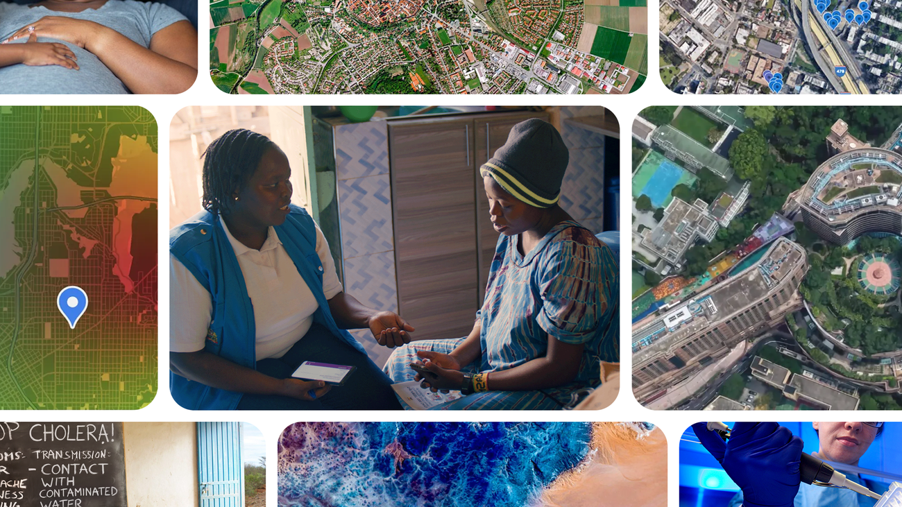 Colagem oficial do Google com atendimento em saúde, mapas, imagens de satélite e pesquisa científica.