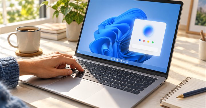 Ilustração de um notebook com uma janela de assistente de IA, ao lado de uma xícara e um caderno.
