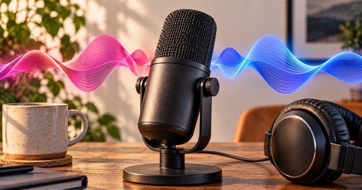 Ilustração de um microfone e fones de ouvido com ondas sonoras em azul e rosa.