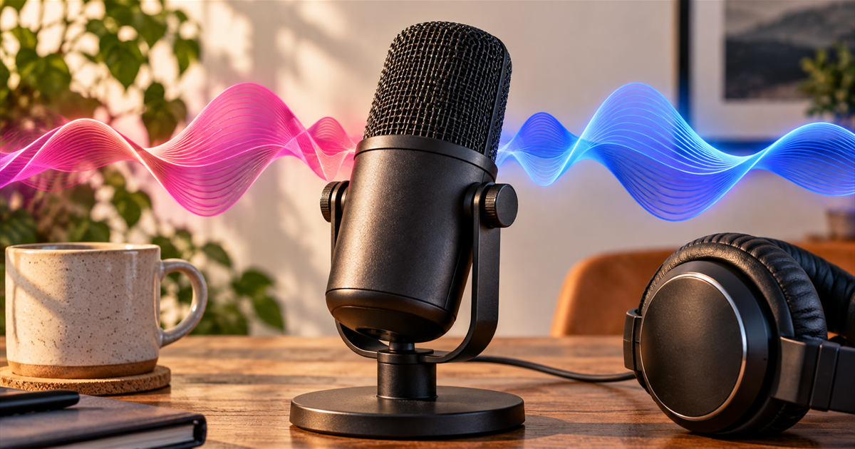 Ilustração de um microfone e fones de ouvido com ondas sonoras em azul e rosa.