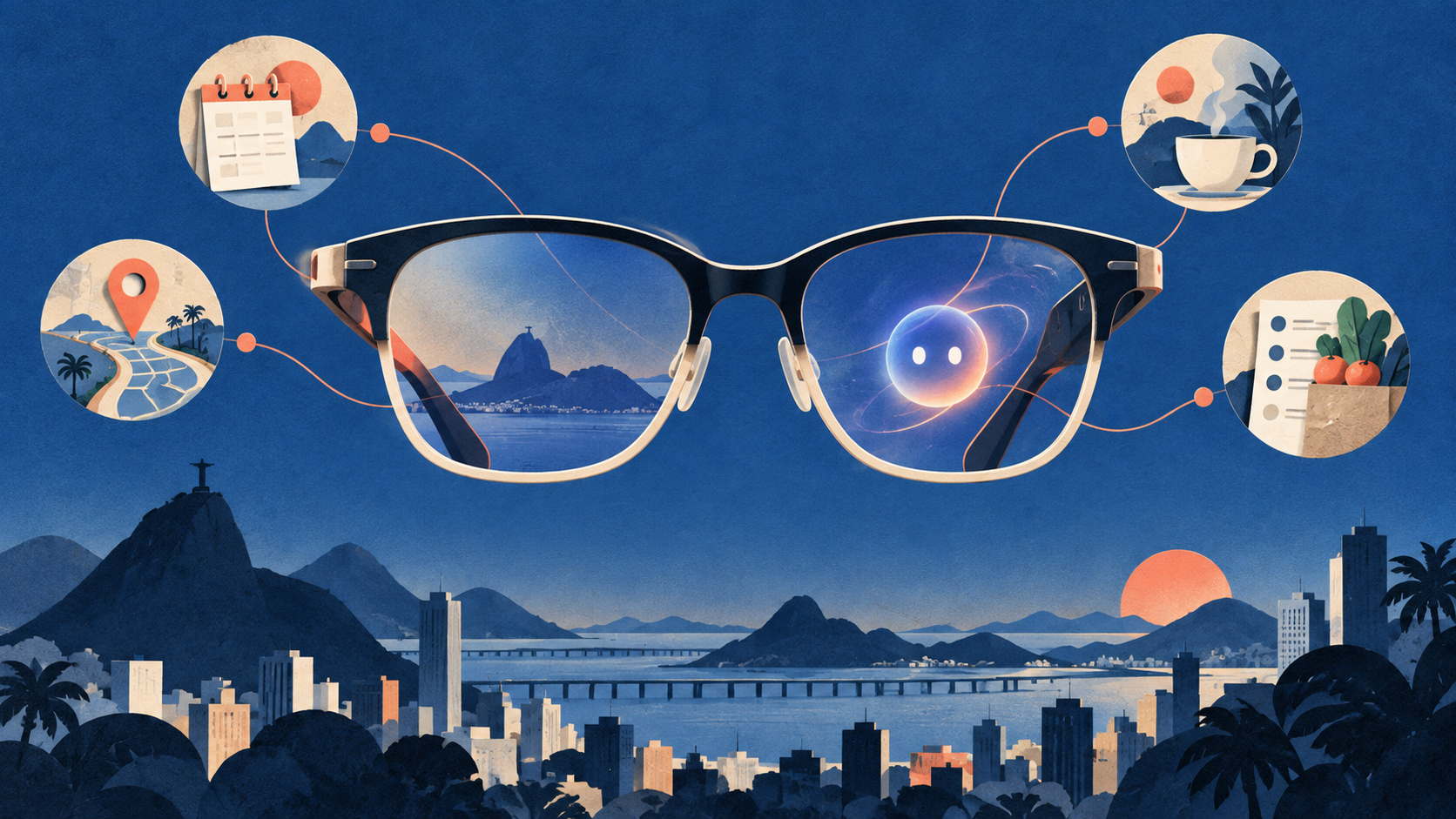 Ilustração editorial de óculos inteligentes sobre uma paisagem brasileira, com símbolos abstratos de agenda, rota e lista de tarefas.