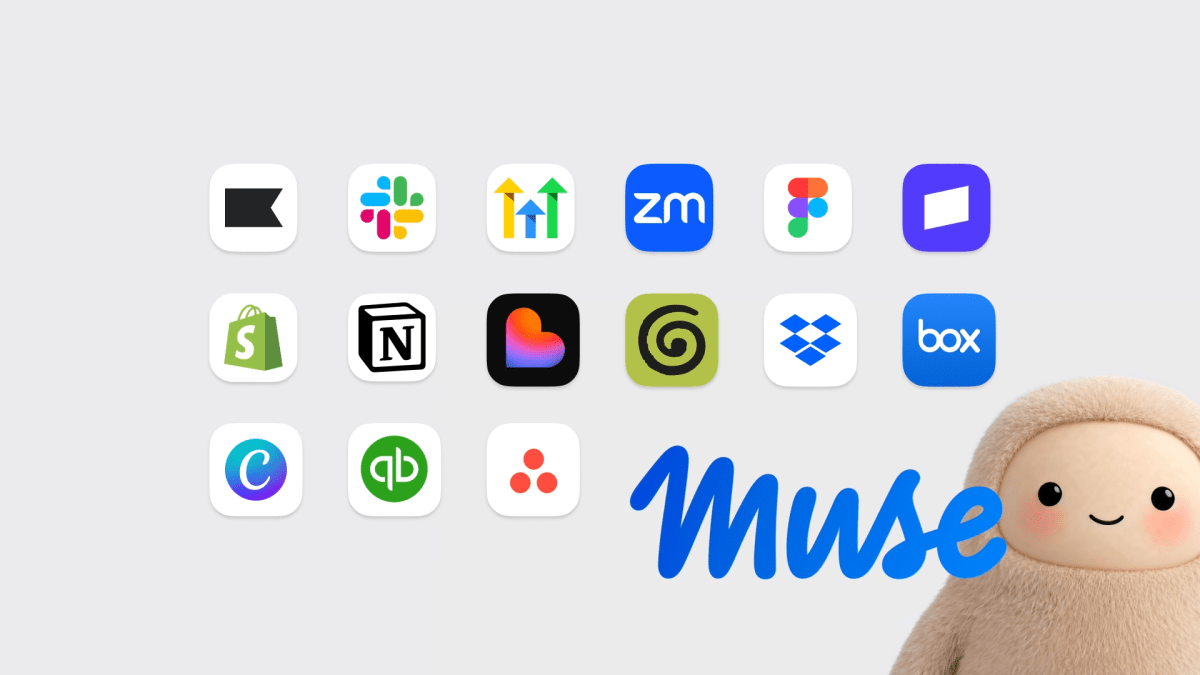 Arte oficial do Muse cercado pelos ícones de ferramentas que podem ser conectadas ao agente, entre elas Slack, Zoom, Figma, Shopify, Notion e Dropbox.