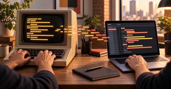 Ilustração de pessoas trabalhando em um terminal antigo e um notebook moderno, com blocos de código entre as telas.