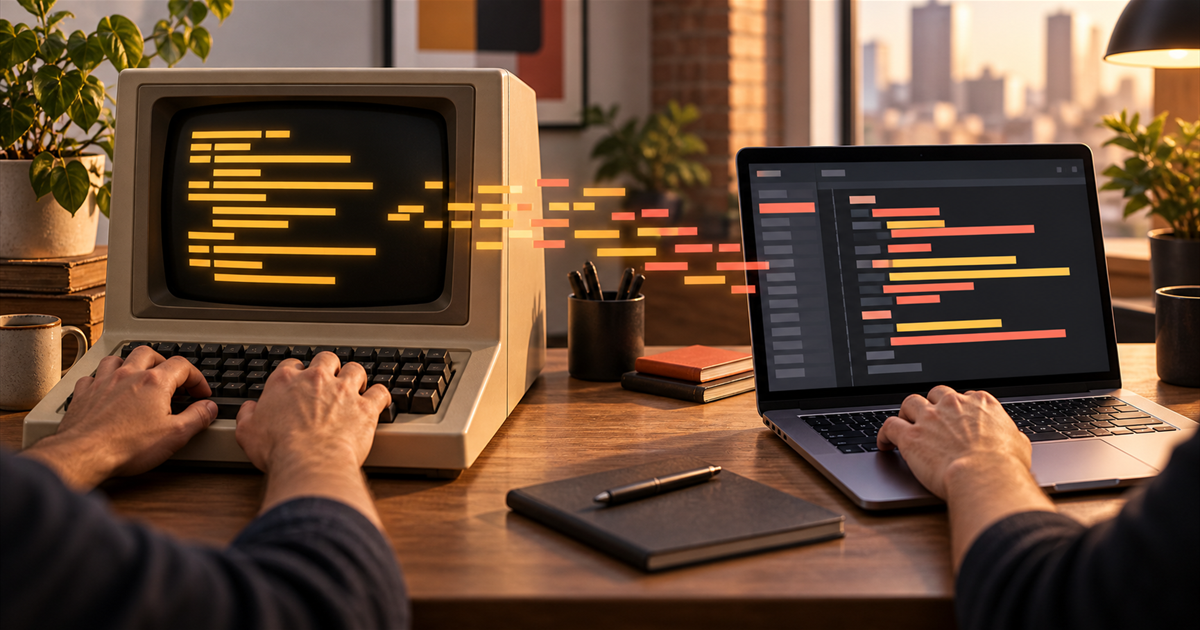 Ilustração de pessoas trabalhando em um terminal antigo e um notebook moderno, com blocos de código entre as telas.
