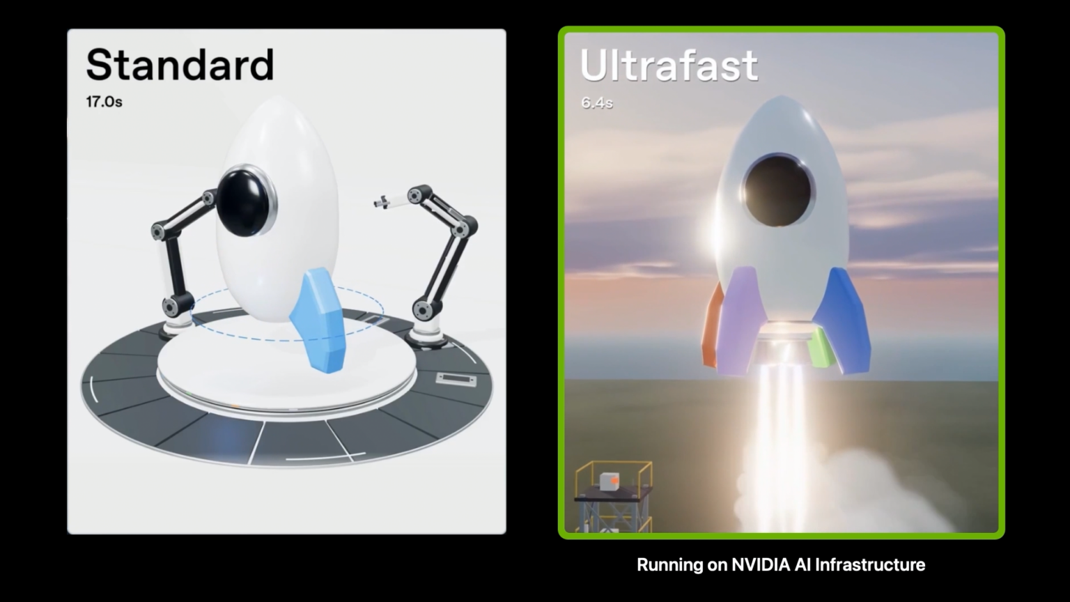 Comparação oficial da NVIDIA entre uma tarefa executada no modo Standard e um foguete decolando no modo Ultrafast.