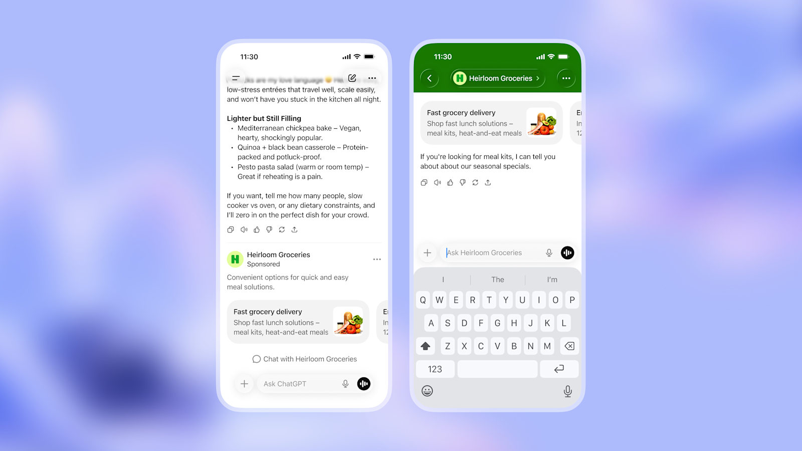 Mockup oficial da OpenAI com um anúncio patrocinado no ChatGPT e uma conversa separada com o agente da empresa anunciante.