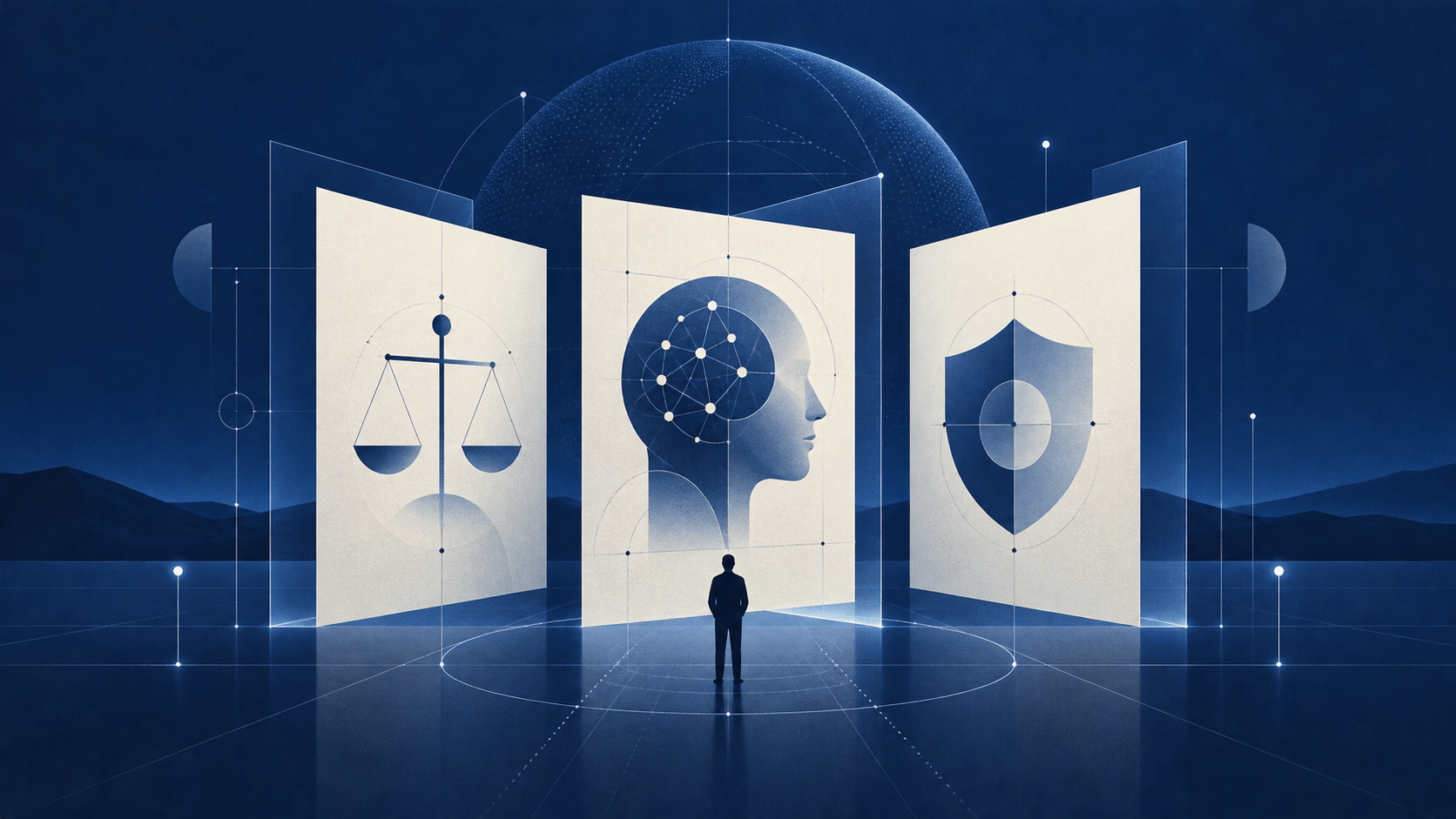 Ilustração editorial em azul com painéis de avaliação, uma silhueta humana e símbolos abstratos de segurança e equilíbrio.