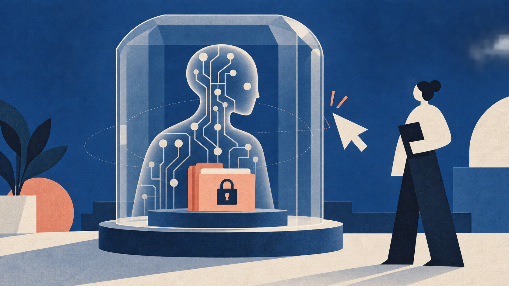 Ilustração editorial de um sistema de IA em uma redoma transparente, uma pasta protegida e uma pessoa revisando o acesso a dados.