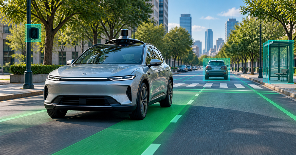 Carro de pesquisa em uma via urbana com visualização de objetos e trajetórias reconhecidos por visão computacional.