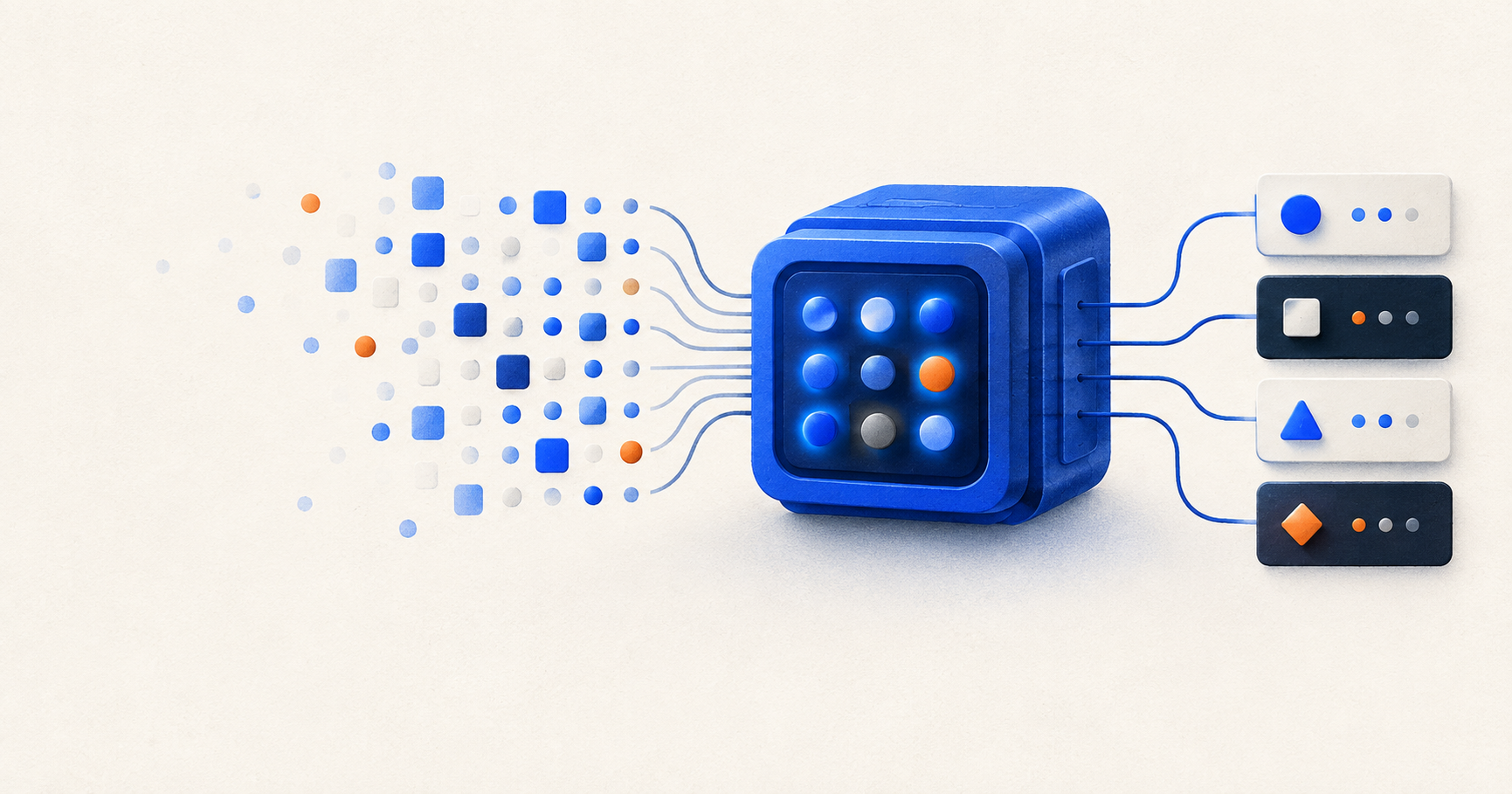 Ilustração editorial de um sistema azul que transforma sinais em decisões estruturadas para software.