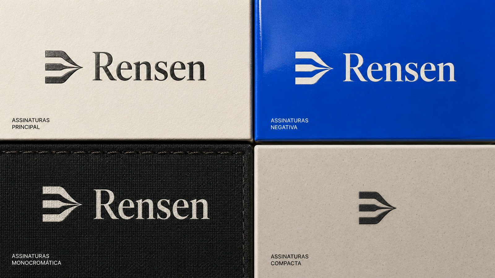 Assinaturas da marca Rensen em quatro materiais